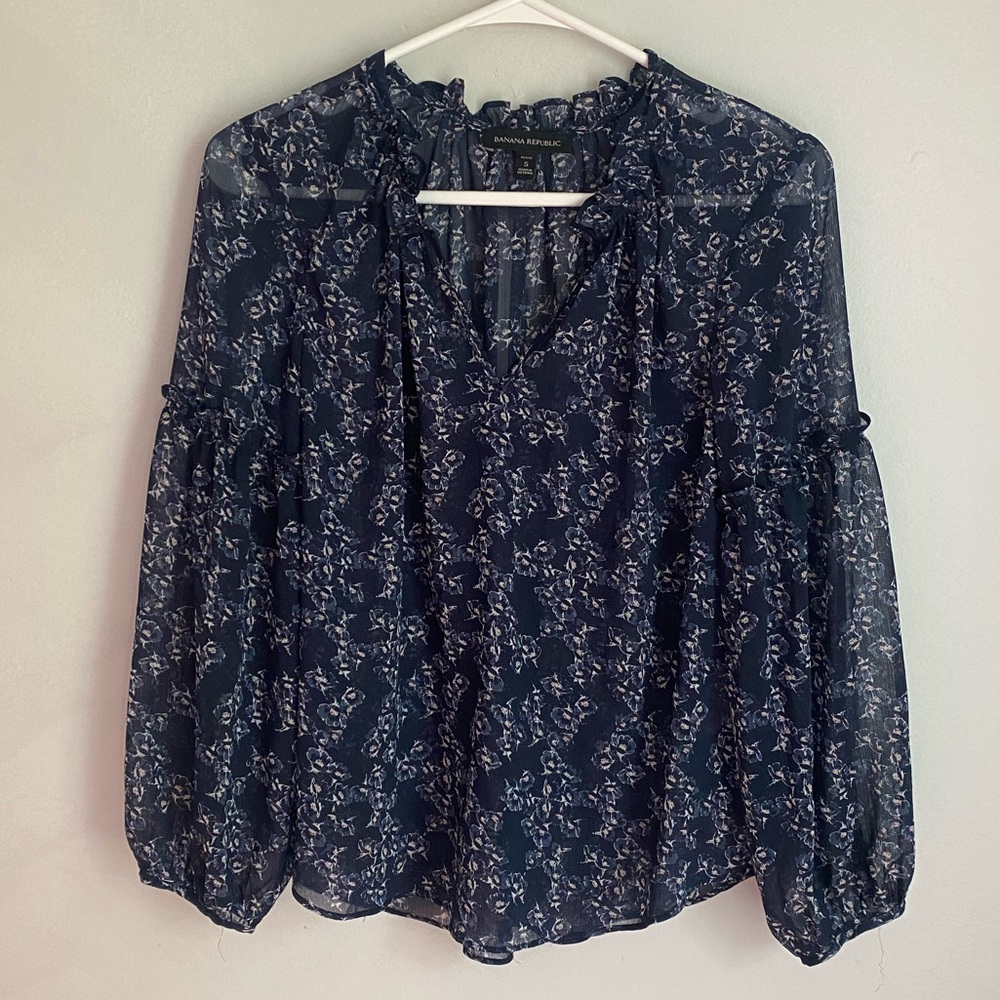 Banana Republic Navy Floral Blouse with Ruffles